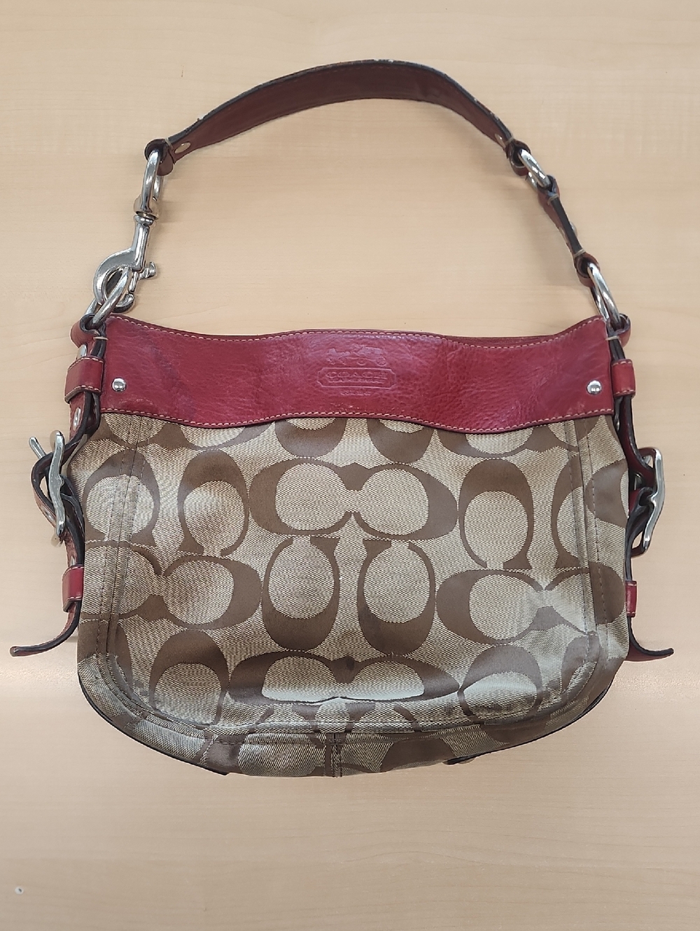 Vintage Coach Zoe Signature Hobo Bag Red Leather featuring a khaki Canvas